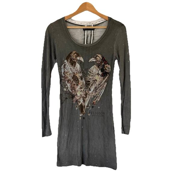Religion London Goth Grunge Distressed Longline Tunic Top XS Graphic Bird Heart - Picture 1 of 10